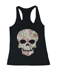 Thumbnail for Floral Skull Women's Tank Top Flower Pattern Racer Back Tank for Halloween - 1 COLOR -