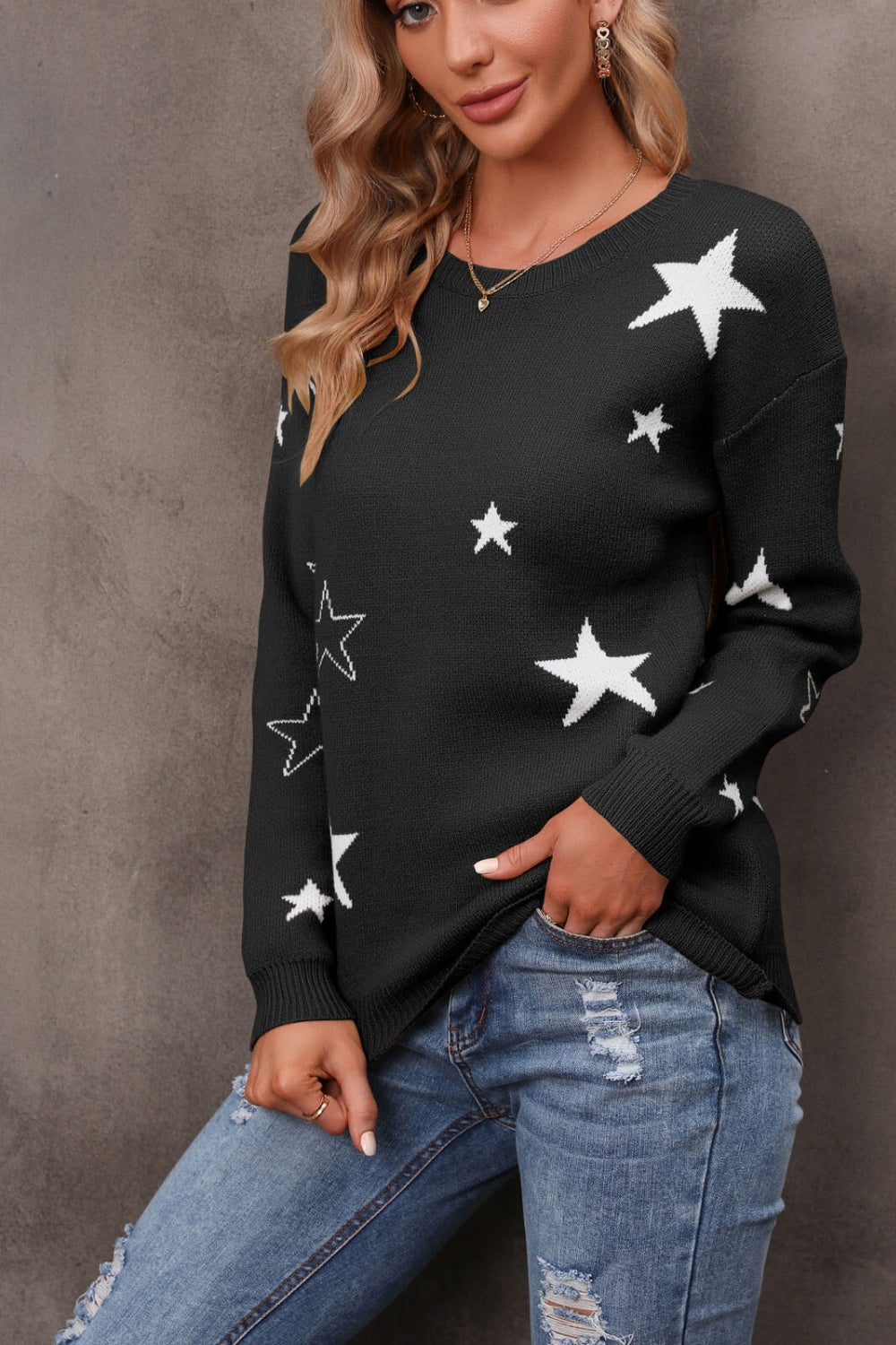 Star Round Neck Sweater - T - 2 COLORS -