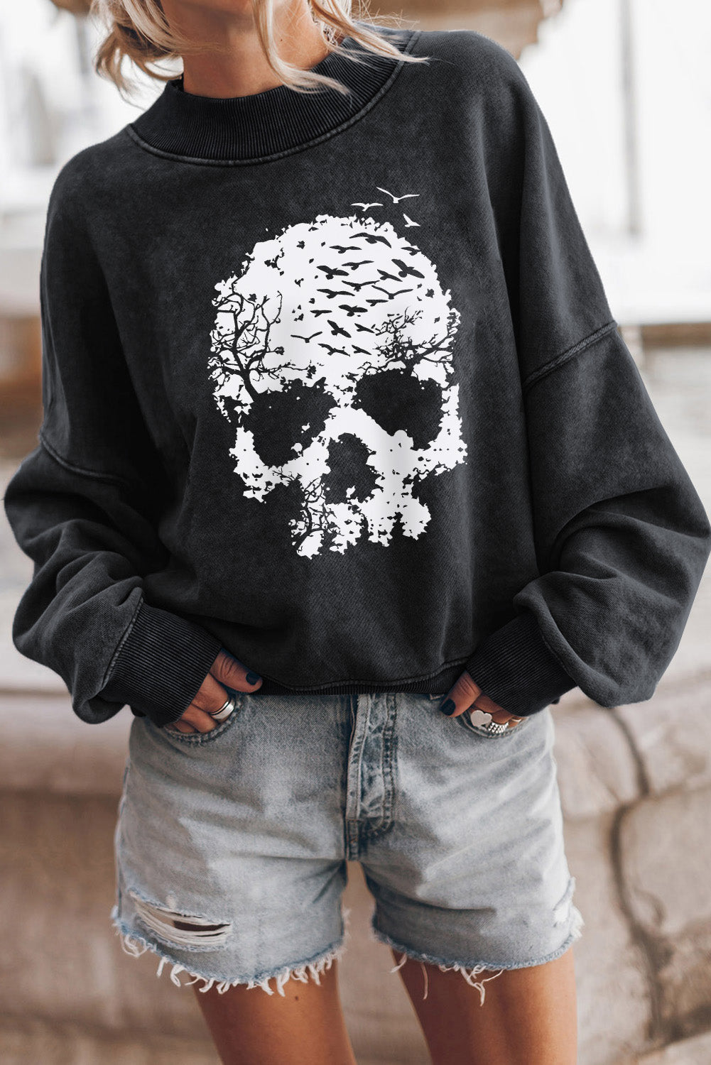 Round Neck Dropped Skull Graphic Sweatshirt - T - 1 COLOR -