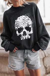 Thumbnail for Round Neck Dropped Skull Graphic Sweatshirt - T - 1 COLOR -