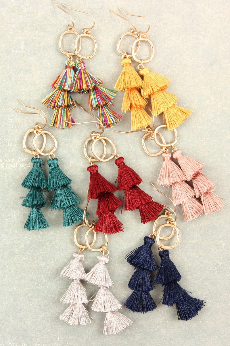 Three Drop Tassel With Metal Hook Earrings - 11 COLORS -