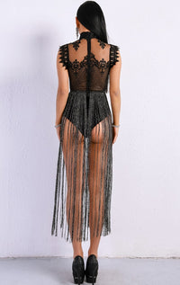 Thumbnail for Evelyn Belluci - Black Fringe Bodysuit Dress - 1 COLOR -