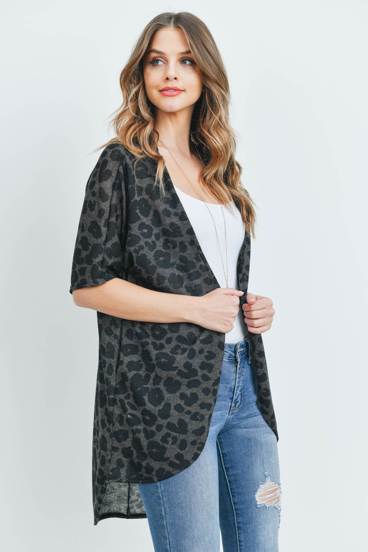 Riah Fashion - Leopard Short Sleeves Open Front Hi-Low Cardigan - 3 COLORS -