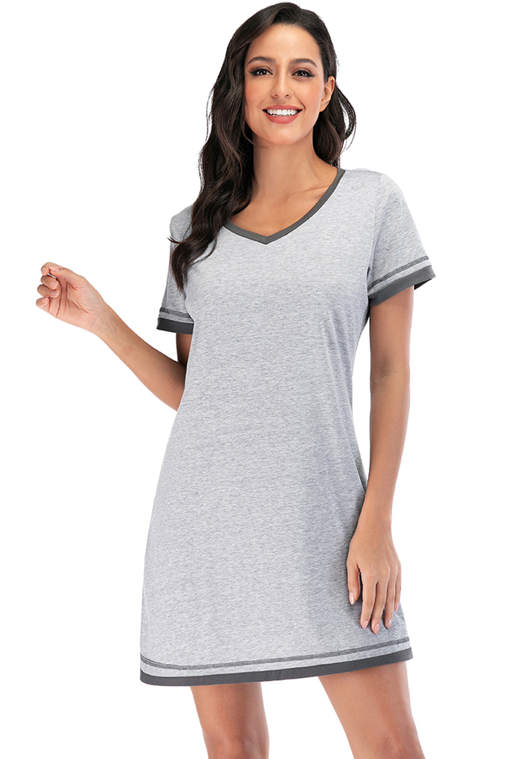 Contrast Trim Short Sleeve Lounge Dress - T - 11 COLORS -