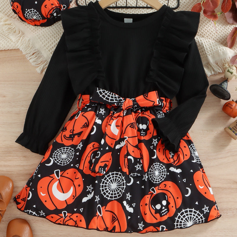 Halloween Theme Bow Front Round Neck Dress - SIZES 4T THRU 7 - T - 1 COLOR -