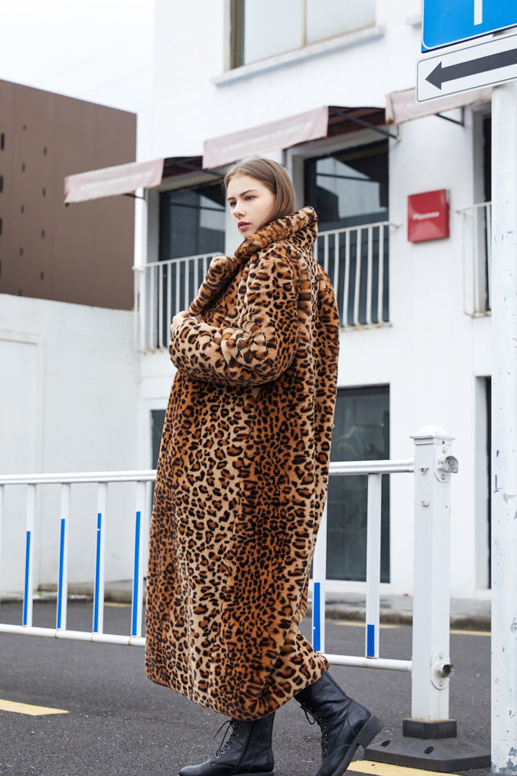 Sharon Tatem - Faux Fur - Leopard Print - Rabbit Tailored Collar - Warm Thick X-Long Coat Long Sleeve Jacket -