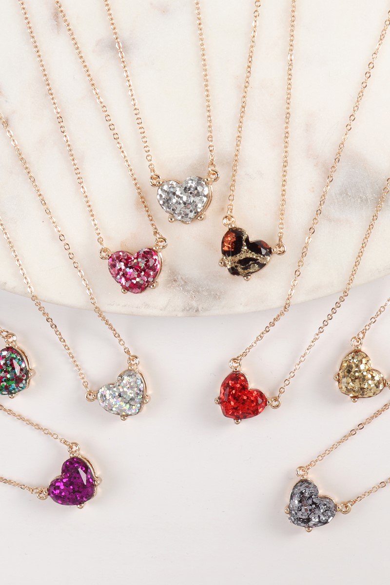 Heart Glitter Epoxy Necklace - 9 COLORS -