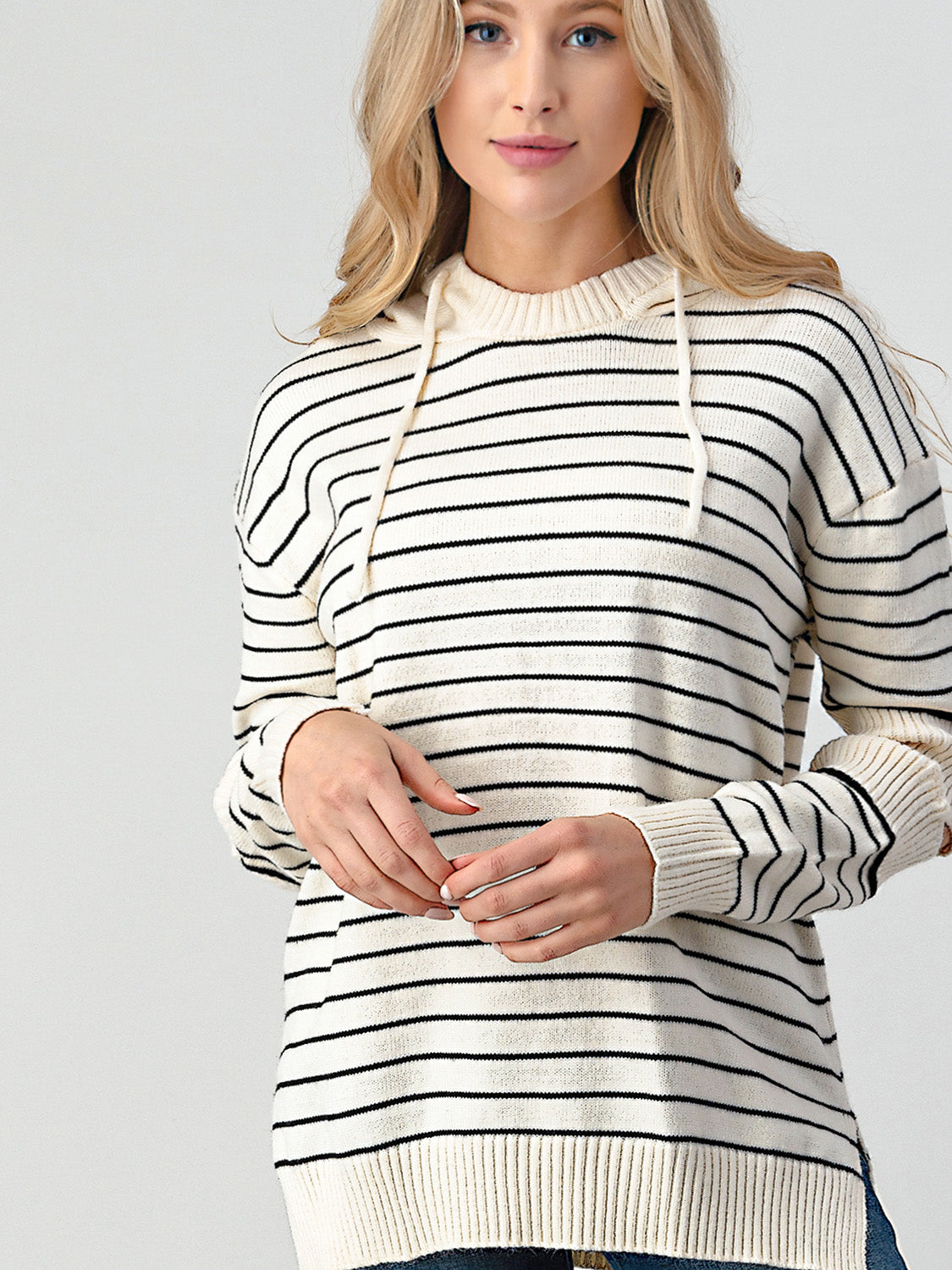 Striped Cutout Slit Hooded Sweater - T - 1 COLOR -