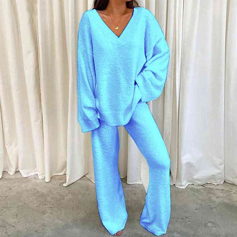 V-Neck Long Sleeve Top and Long Pants Set - 2 PCS. - T - 5 COLORS -