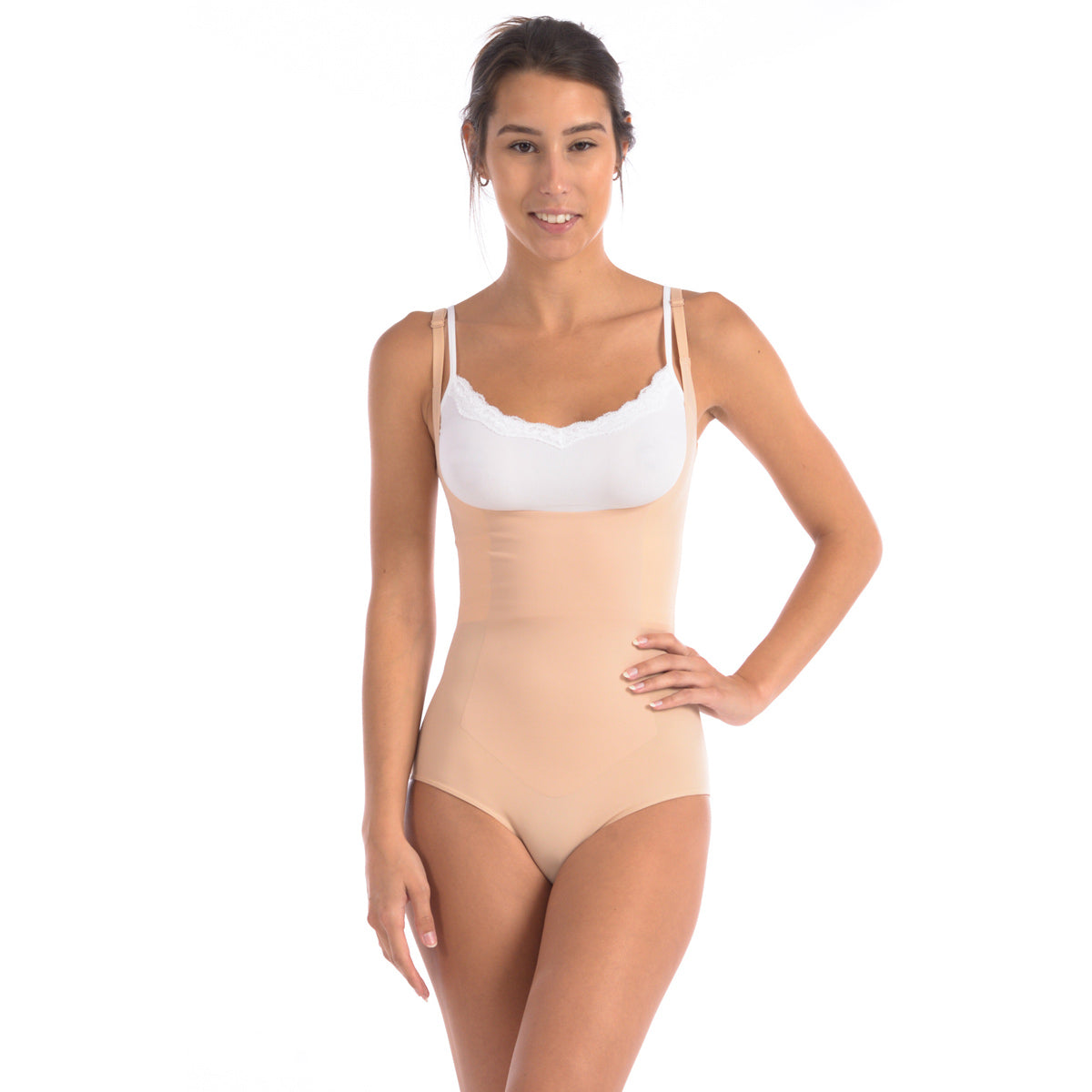 Wear Your Own Bra Bodysuit Shaper With Targeted Double Front Panel Nude -