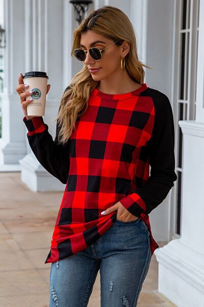 Plaid Round Neck Long Sleeve T-Shirt - T - 5 COLORS -