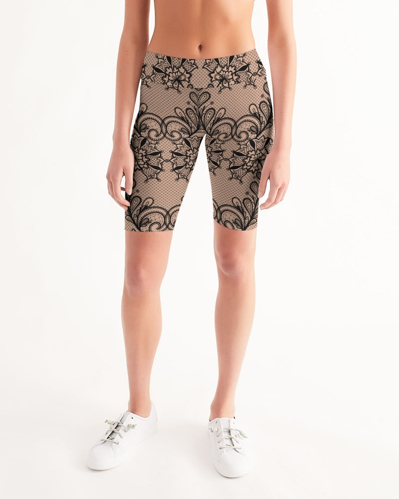 Chaluisant - Black & Nude Lace Women's Mid-Rise Bike Shorts -