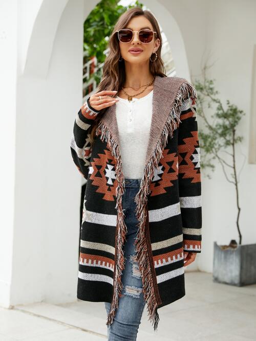 Fringe Geometric Hooded Long Sleeve Cardigan - T - 2 COLORS -