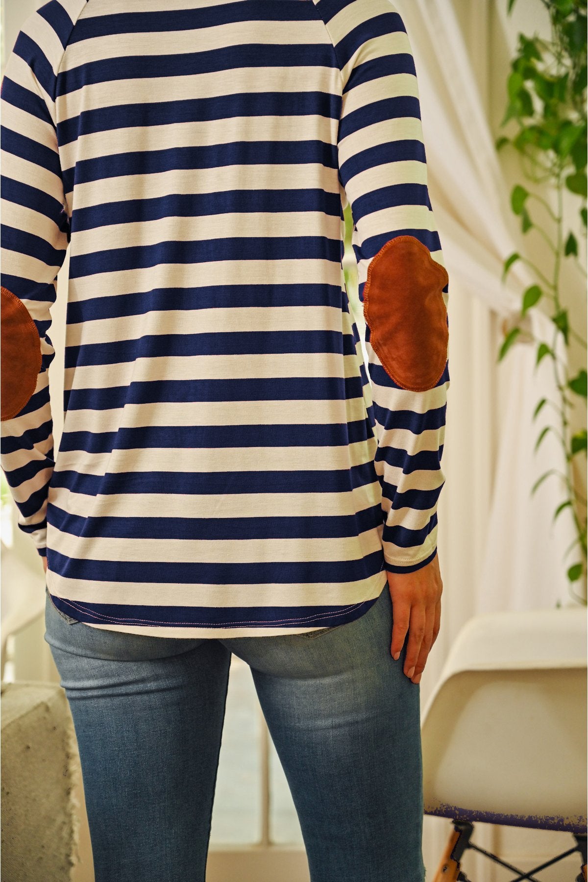 Riah Fashion - Elbow Suede Patch Striped Tunic - 6 COLORS -