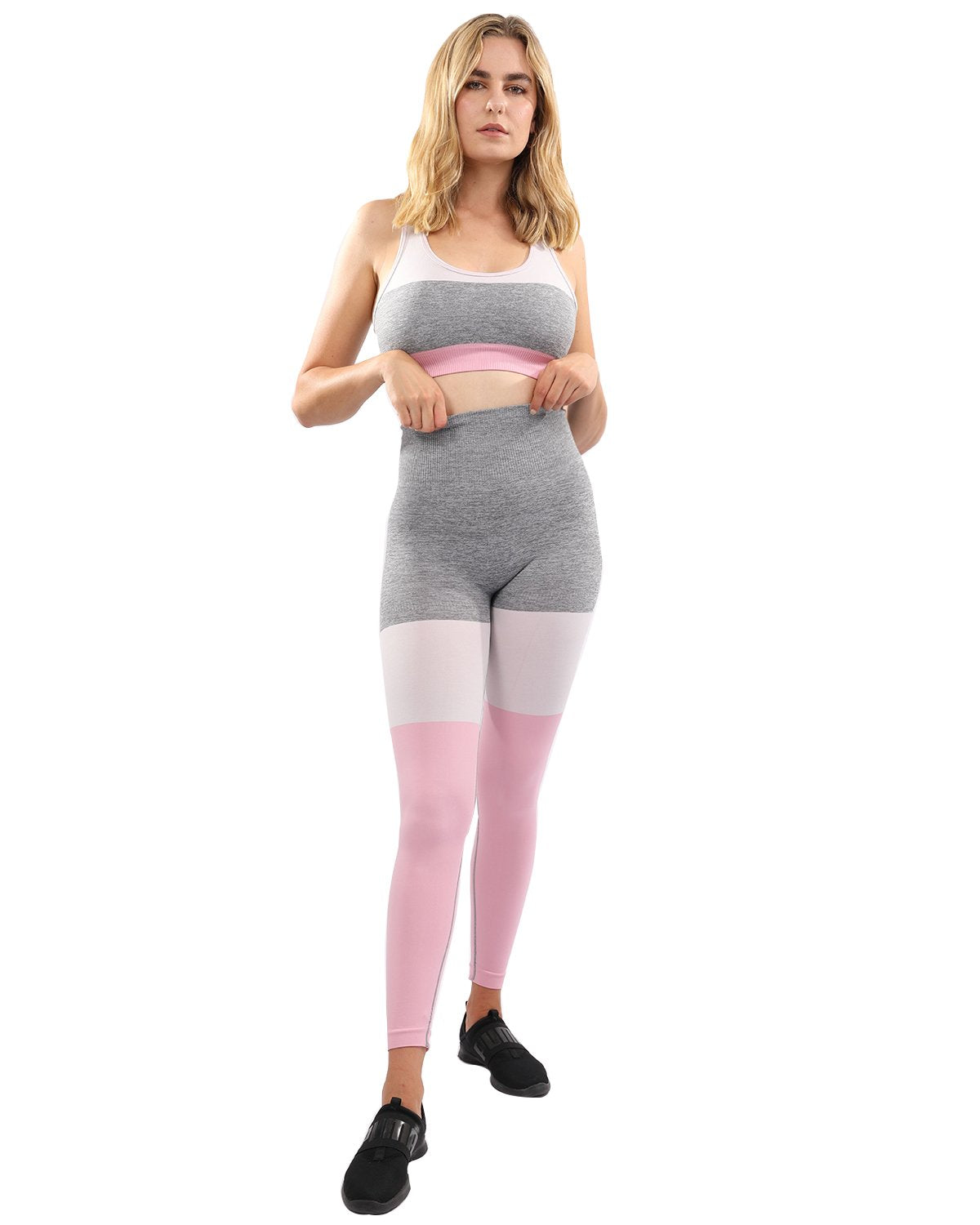 Savoy - Graca Seamless Leggings & Sports Bra Set - Grey With Pink & White - 2 PCS. - 1 COLOR -