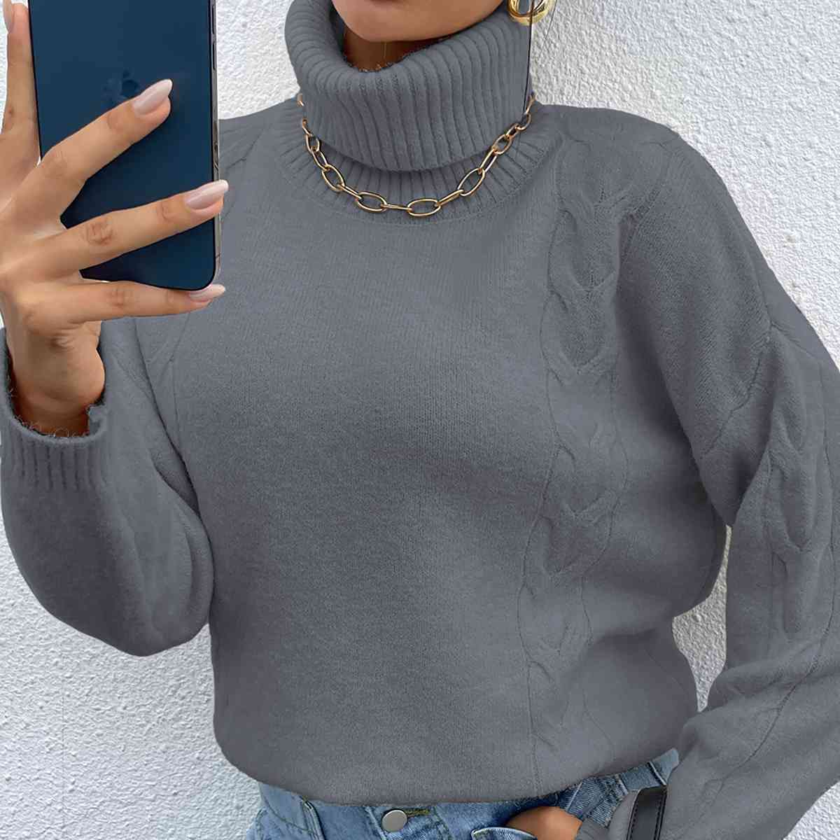 Turtleneck Dropped Shoulder Long Sleeve Sweater - T - 4 COLORS -