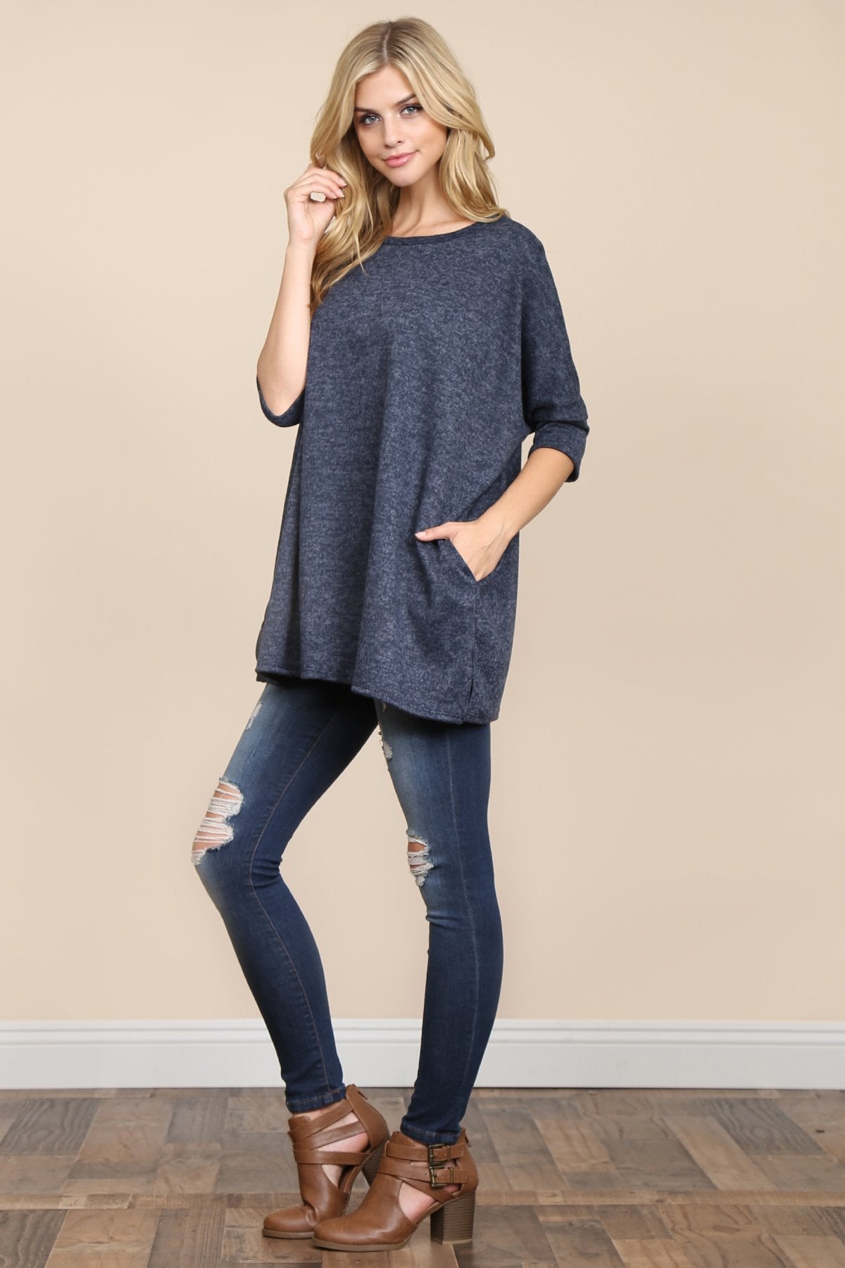 Riah Fashion - Two Tone Hacci Oversized Dropped Shoulder Pocket Tunic - 3 COLORS -