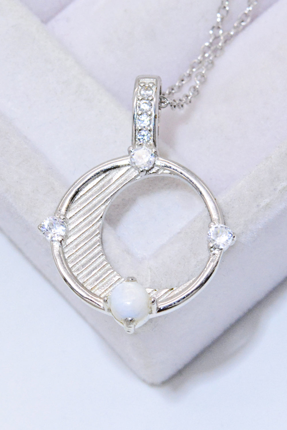 Inlaid Zircon and Natural Moonstone Pendant Necklace - T - 3 FINISHES -