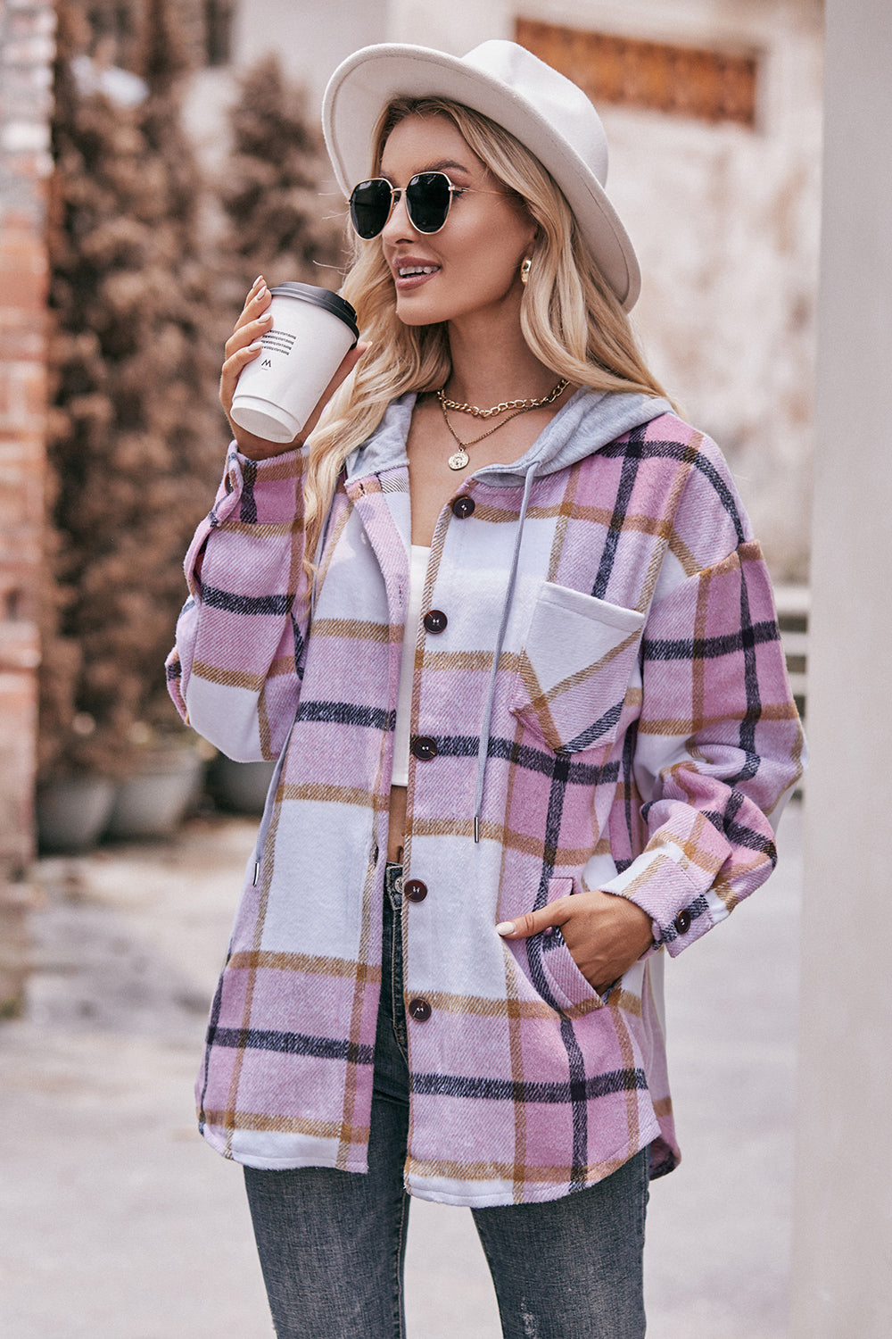 Plaid Dropped Shoulder Hooded Jacket - T - 5 COLORS -