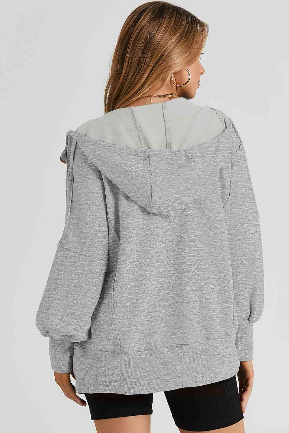 Zip Up Long Sleeve Drawstring Hoodie - T - 3 COLORS -