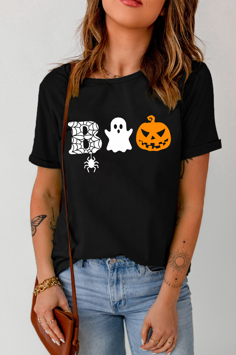 Round Neck Short Sleeve BOO Graphic T-Shirt - T - 1 COLOR -