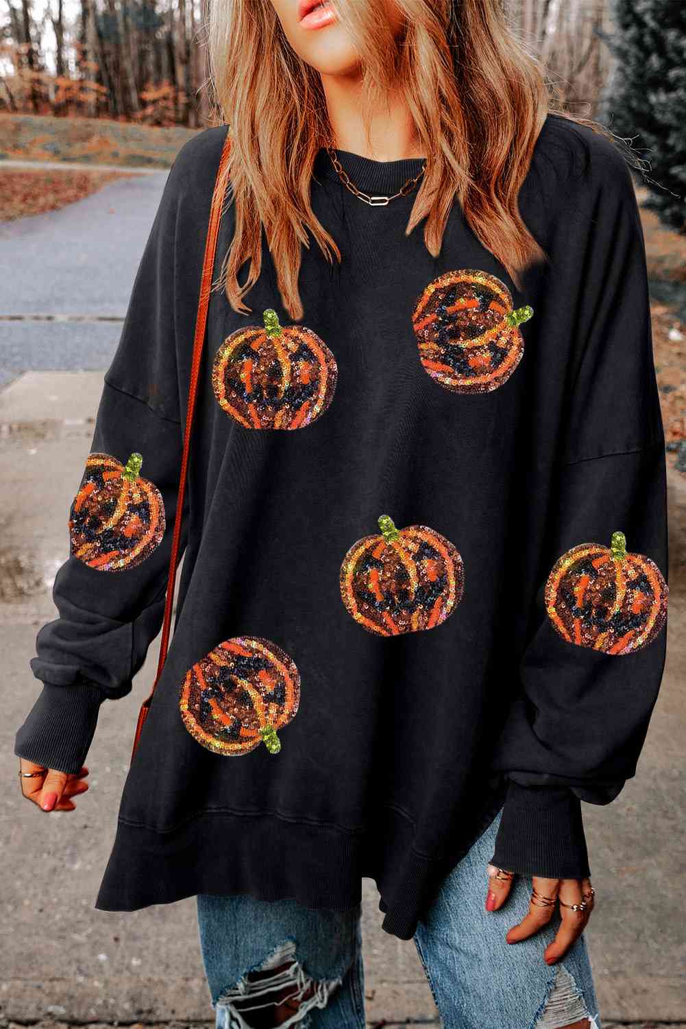 Pumpkin Print Dropped Shoulder Sweatshirt - T - 1 COLOR -