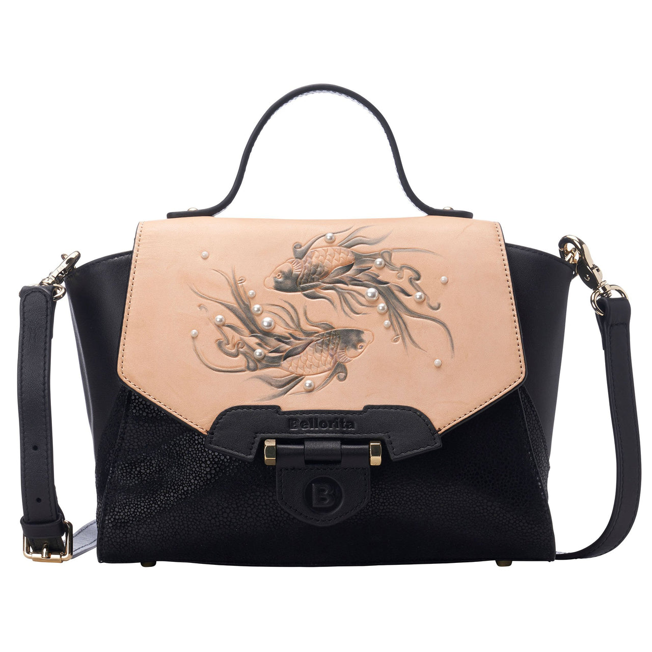 Bellorita - Koi Small Black Satchel - Hand Carved and Painted - 1 COLOR -