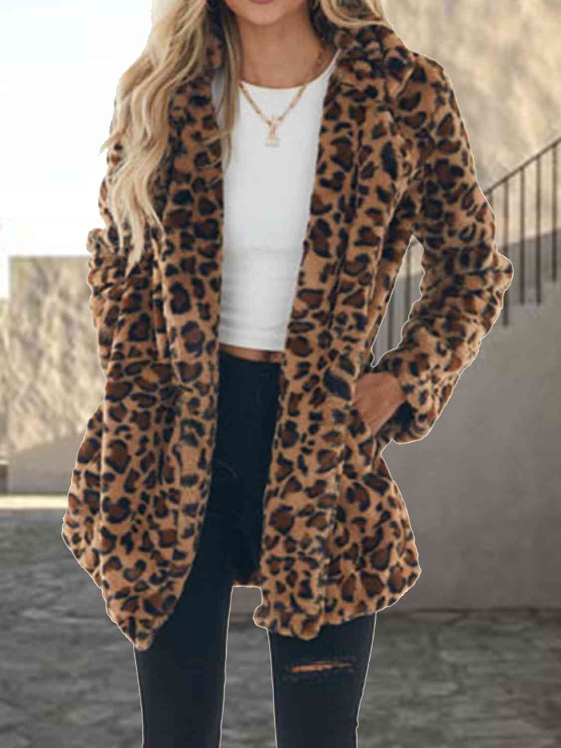 Faux Leopard Collared Neck Coat with Pockets - T - 1 COLOR -