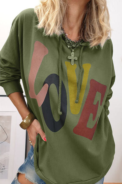 LOVE Drawstring Dropped Shoulder Hoodie - T - 1 COLOR -