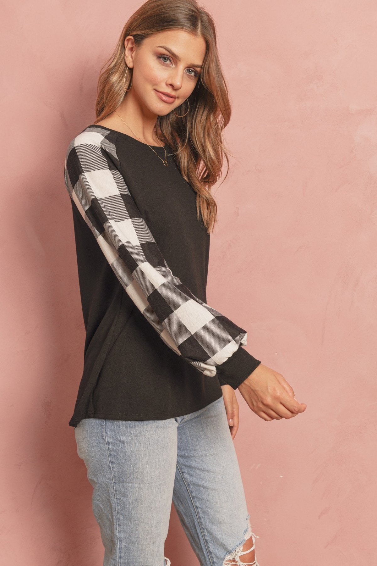 Riah Fashion - Plaid Puff Sleeved Round Neck Top - 3 COLORS -