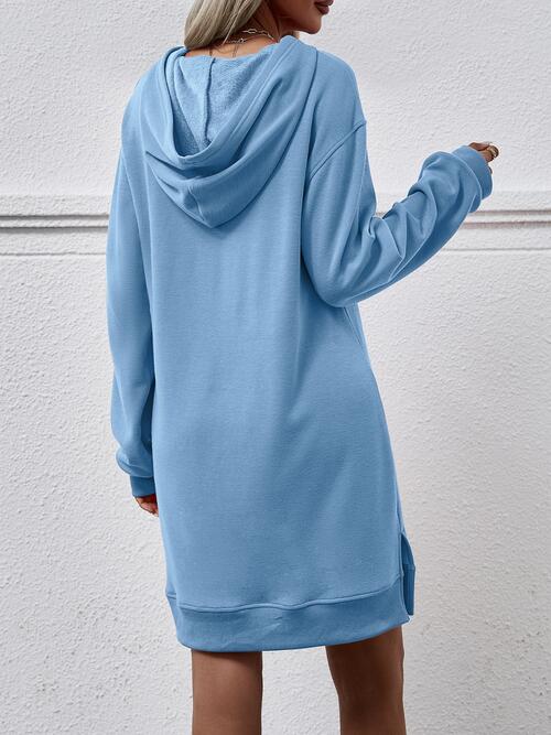 Slit Long Sleeve Hooded Dress with Pocket - T - 9 COLORS -