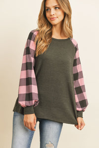 Thumbnail for Riah Fashion - Plaid Puff Sleeved Round Neck Top - 3 COLORS -