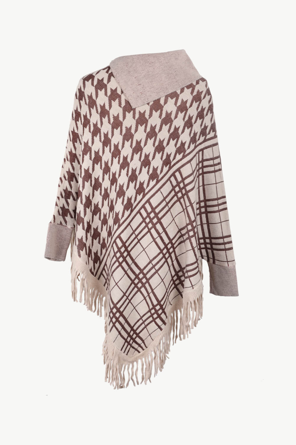 Houndstooth Turtleneck Fringe Hem Poncho - T - 5 COLORS -