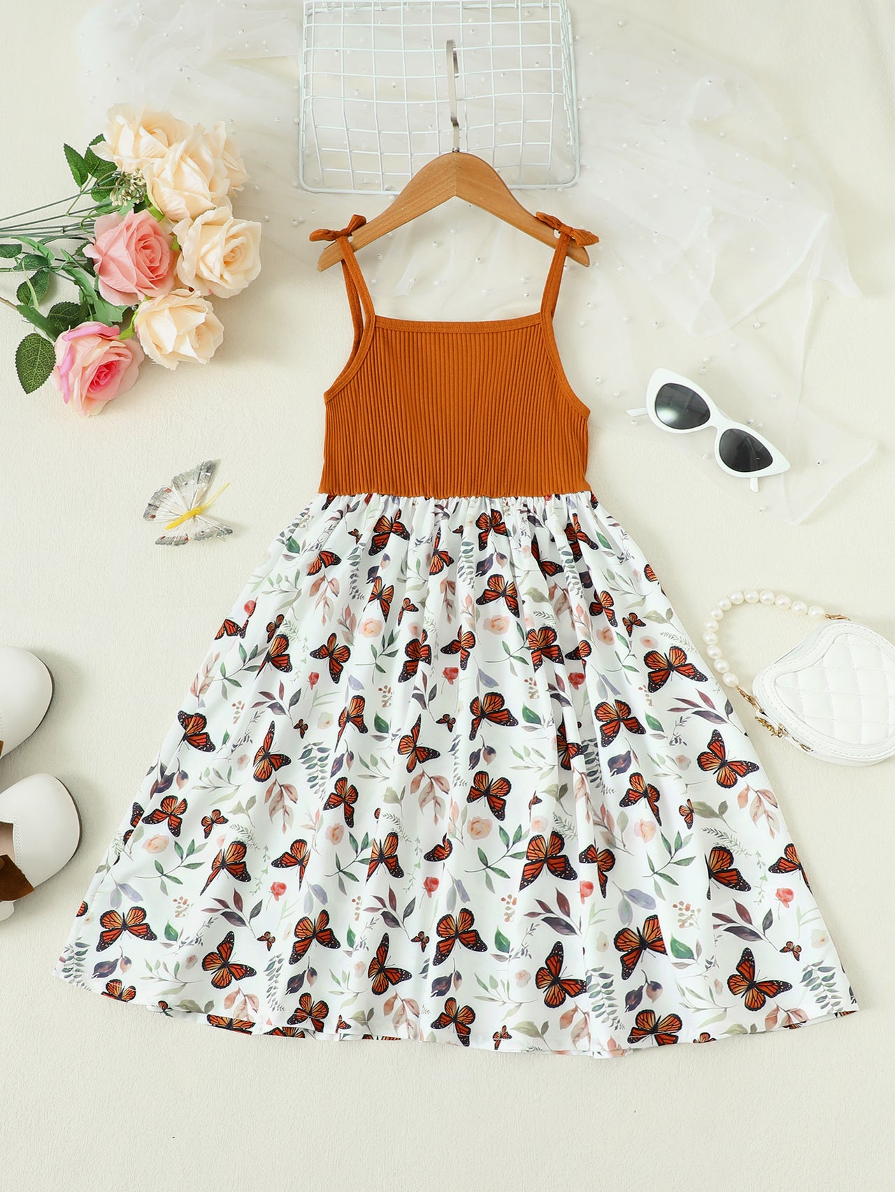 Butterfly Print Bow Detail Dress - T - 4 SIZES - 2 COLORS -