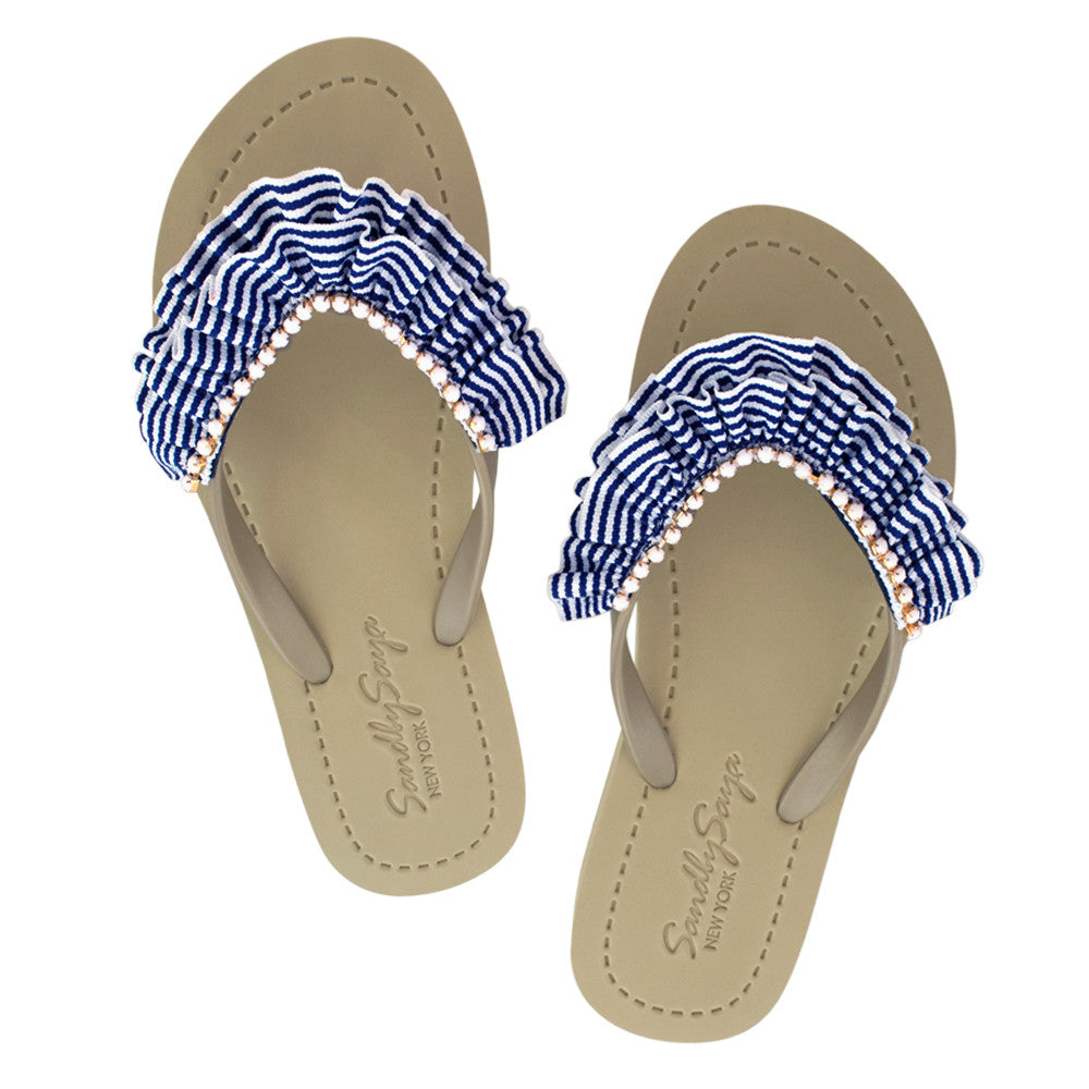 SAND BY SAYA N.Y. - Rockaway Stripe Ruffle - Embellished Flat Flip Flops Sandal - 5 COLORS -