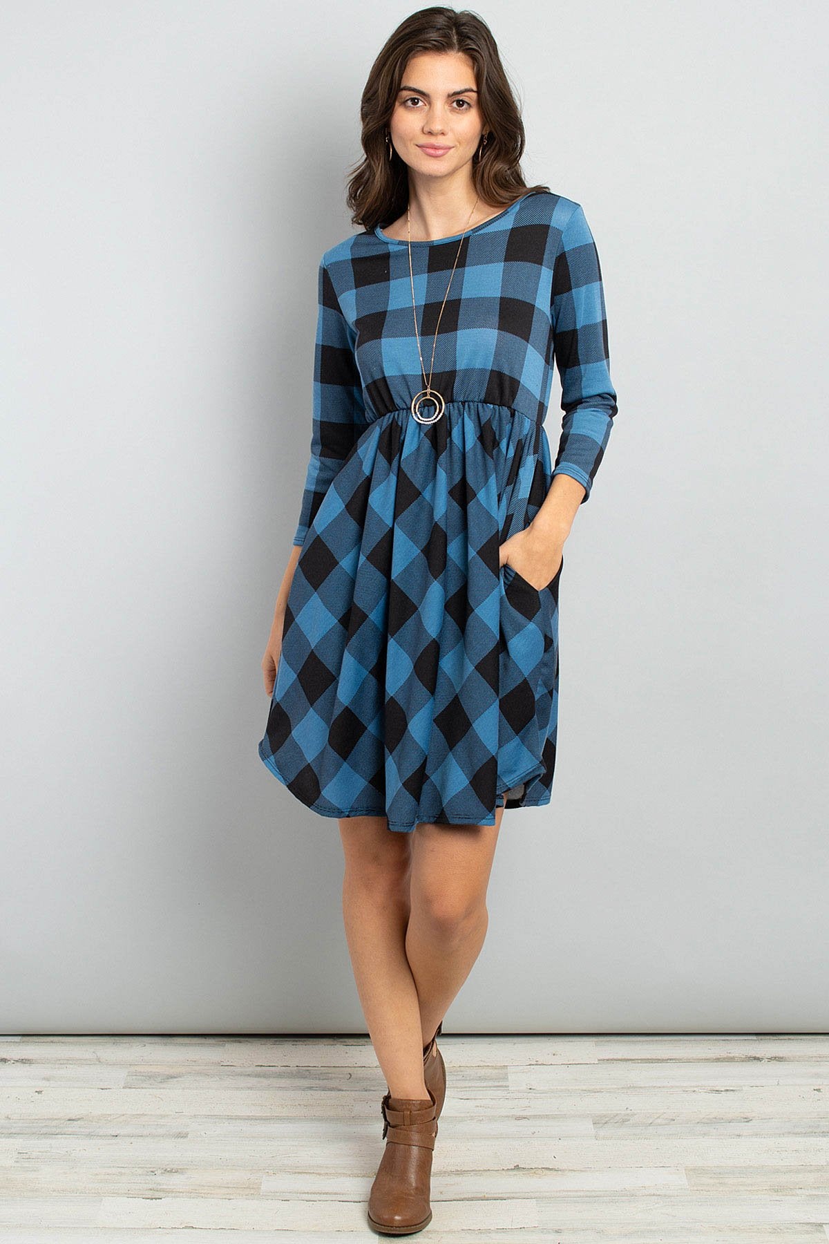 Riah Fashion - Cinch Waist Quarter Sleeves Plaid Dress - 3 COLORS -