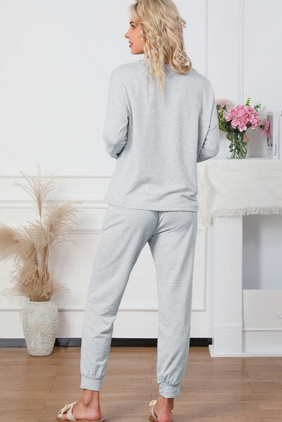 Round Neck Top and Drawstring Pants Lounge Set - 2 PCS. - T - 4 COLORS -