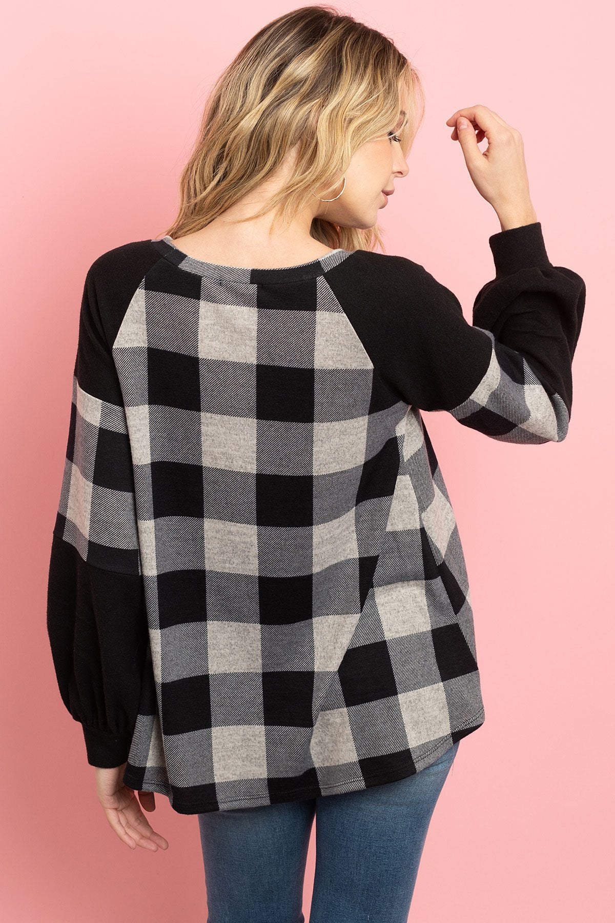 Riah Fashion - Solid Contrast Puff Sleeves Plaid Top - 3 COLORS -