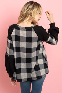 Thumbnail for Riah Fashion - Solid Contrast Puff Sleeves Plaid Top - 3 COLORS -