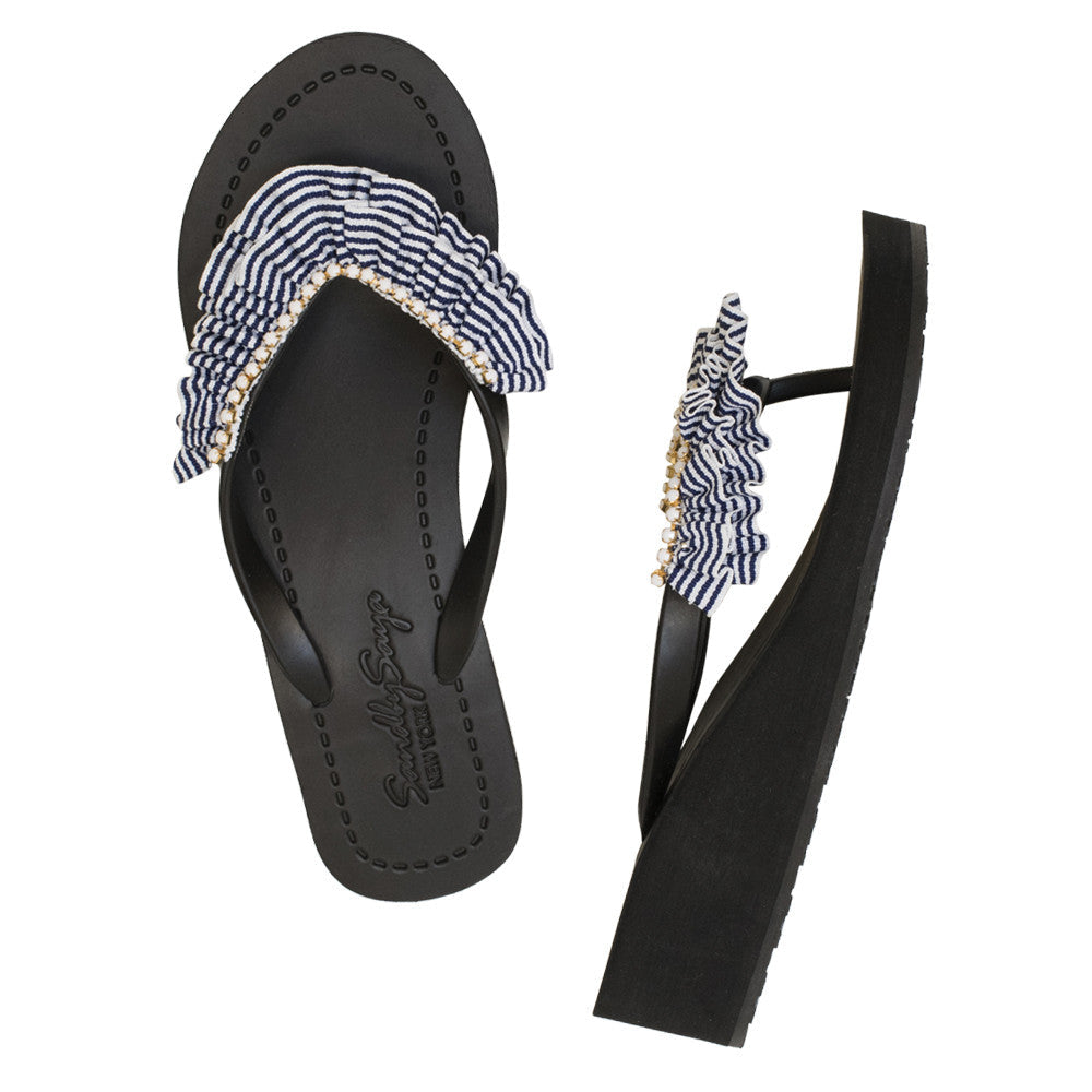 SAND BY SAYA N.Y. - Rockaway Stripe - Rhinestone & Ruffle Mid Wedge Flip Flops - 2 COLORS -