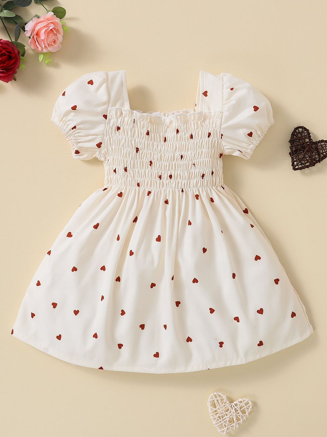 Baby Girl Heart Print Square Neck Dress - T - 5 SIZES - 1 COLOR -