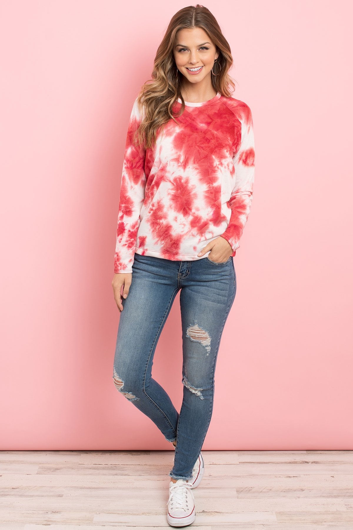 Riah Fashion - Tie Dye Round Neck Long Sleeved Top - 4 COLORS -