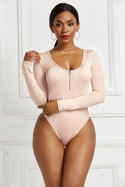 Half Zip Scoop Neck Long Sleeve Bodysuit - T - 10 COLORS -