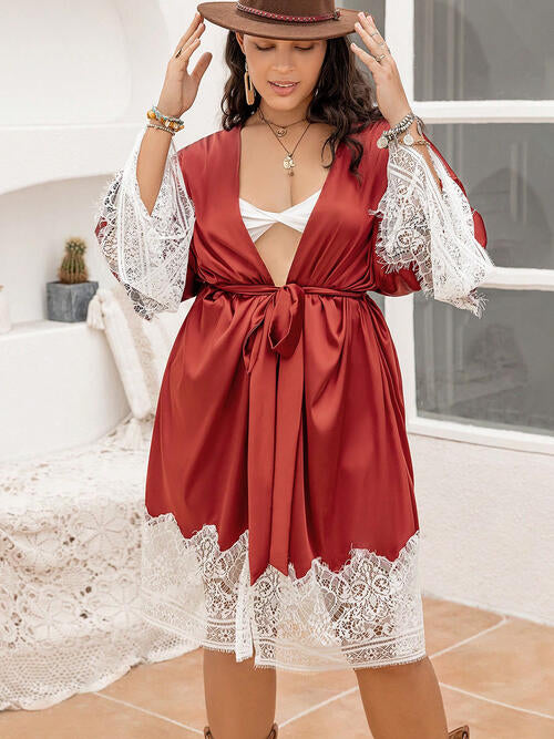 Plus Size Lace Patchwork Tie Front Robe - XL THRU 3XL - T - 1 COLOR -