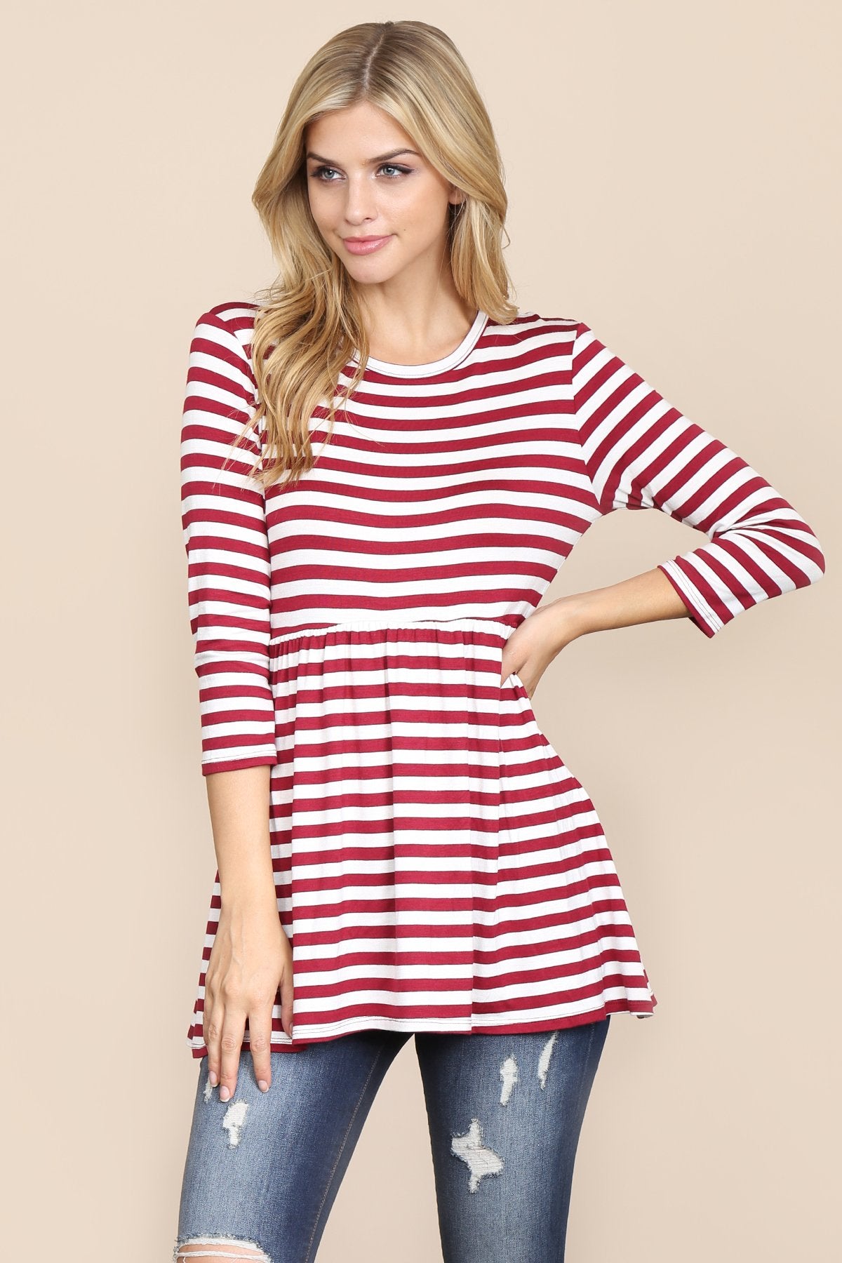 Riah Fashion - Quarter Sleeve Babydoll Striped Tunic - 7 COLORS -