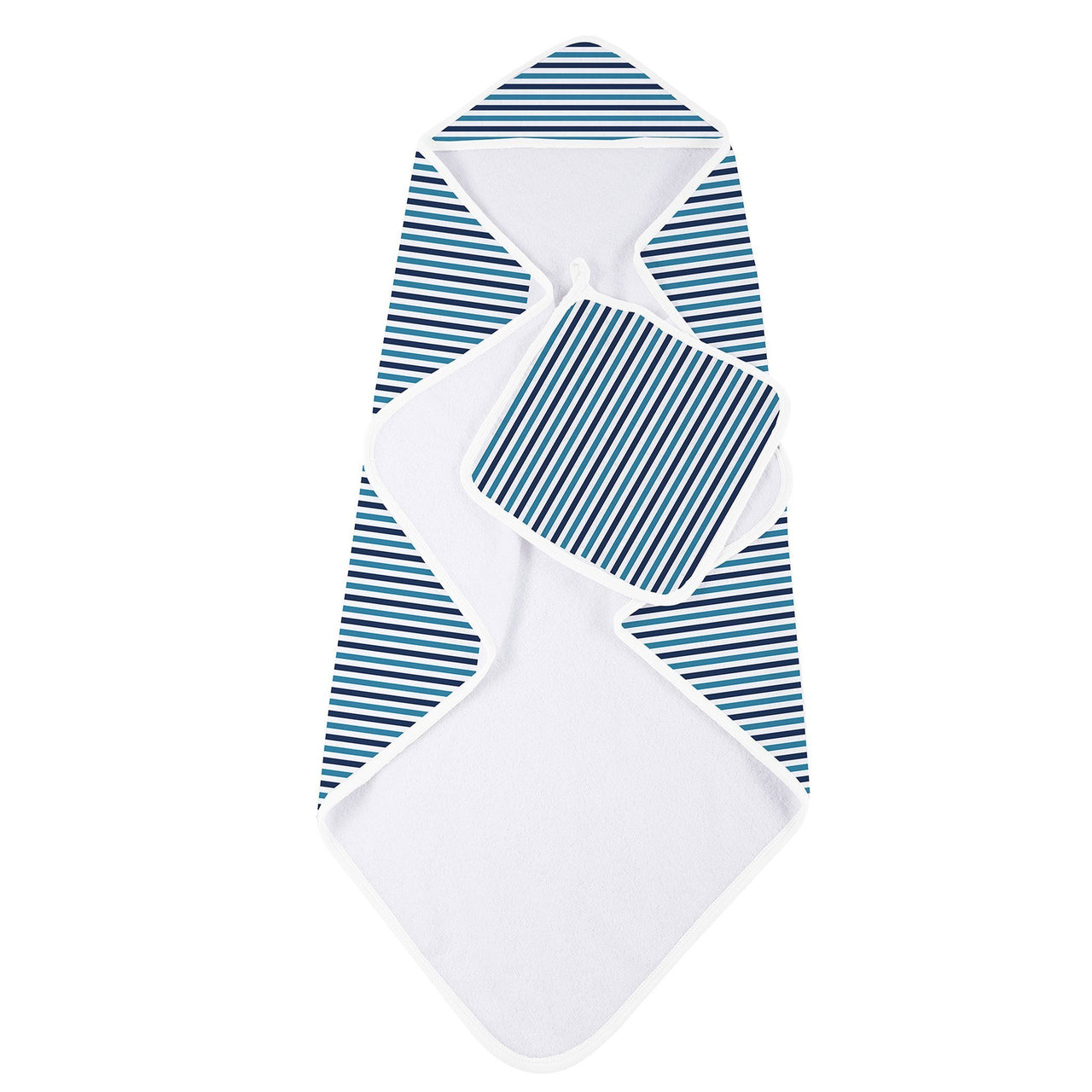 Newcastle - Blue and White Stripe Bamboo Hooded Towel and Washcloth Set -