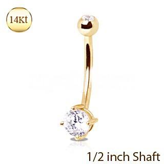 14Kt Yellow Gold 1/2" Navel Ring With Clear Round Prong Set CZ -