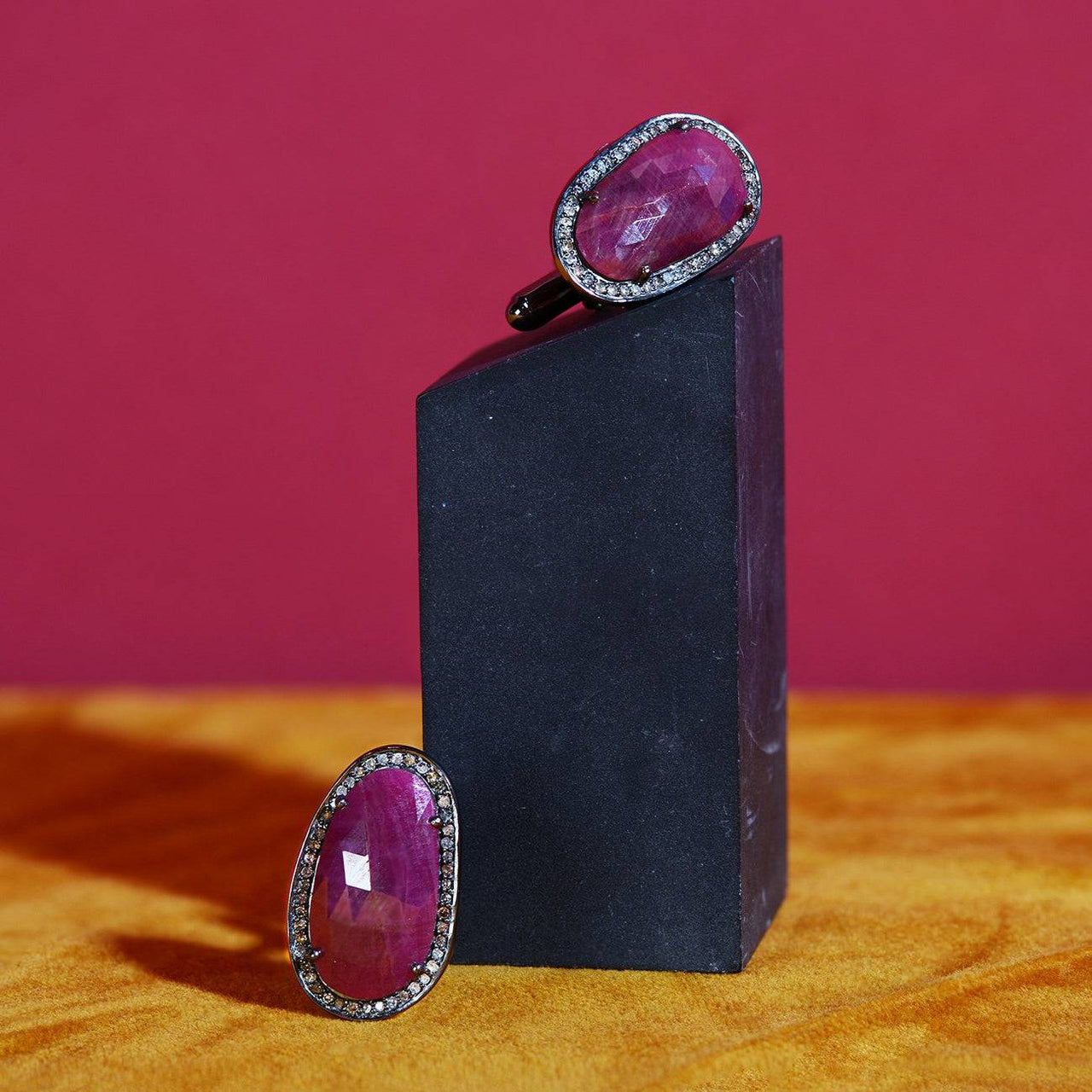 LATELITA - Ruby Cufflinks / Oxidized Silver Champagne Diamonds -