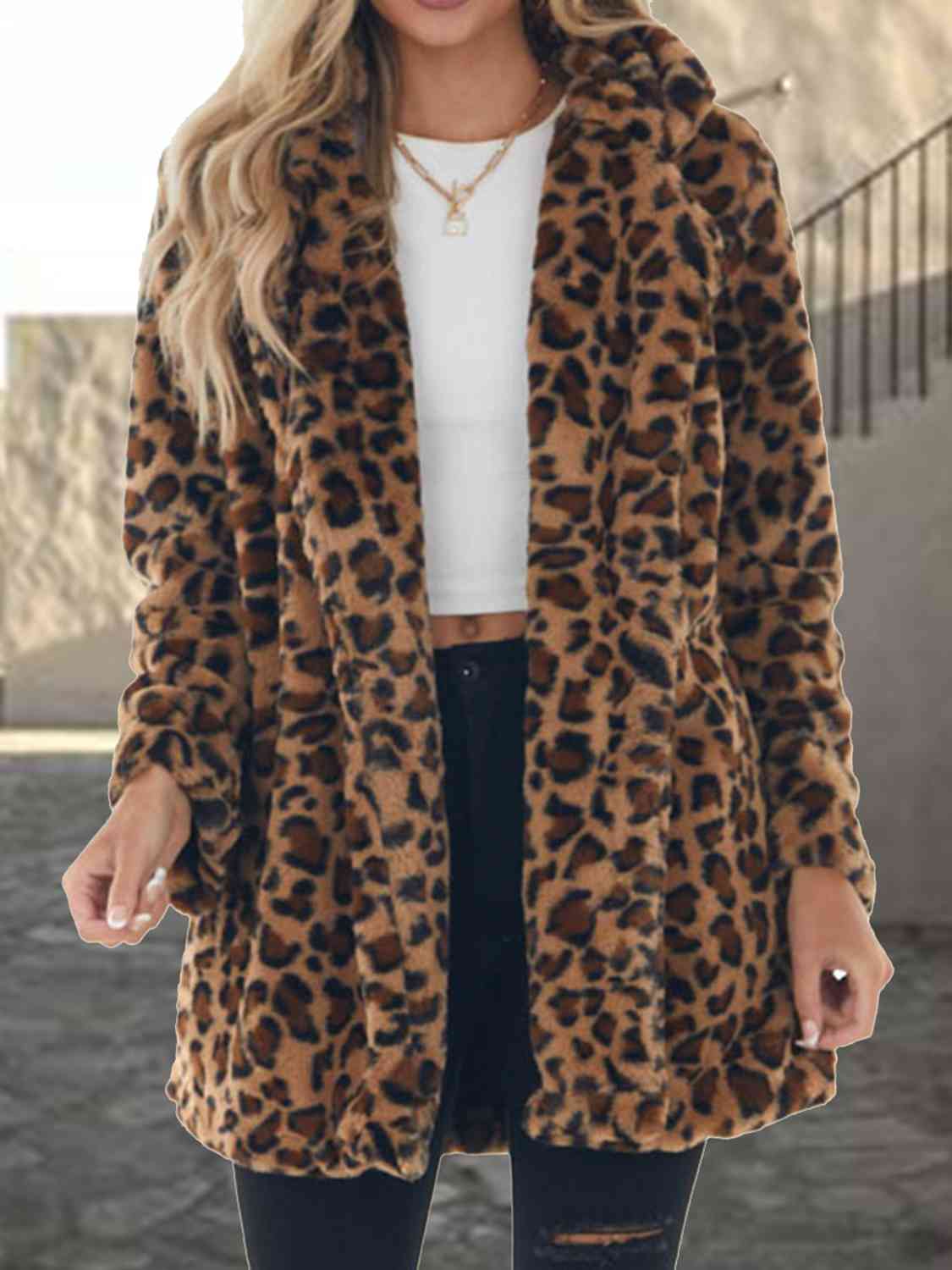 Faux Leopard Collared Neck Coat with Pockets - T - 1 COLOR -