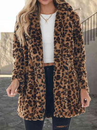 Thumbnail for Faux Leopard Collared Neck Coat with Pockets - T - 1 COLOR -